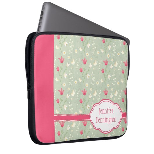 Personalisierte rosa grüne Blumenlaptophülse Laptopschutzhülle (Vorne Rechts)