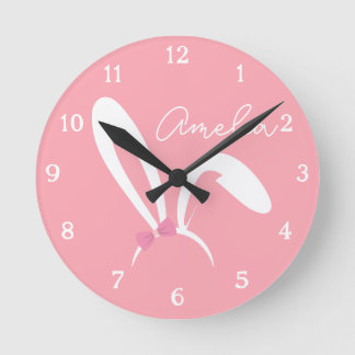 Personalisierte rosa Hasen-Kinderzimmer-Wanduhr sü Runde Wanduhr
