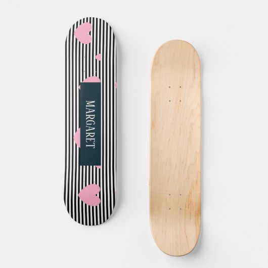 Personalisierte rosa Herzen und Streifen Skateboard (Vorderseite)