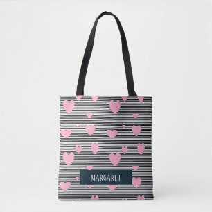 Personalisierte rosa Herzen und Streifen Tasche
