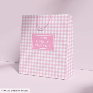 Personalisierte rosa karierte Geschenktasche Elega Mittlere Geschenktüte