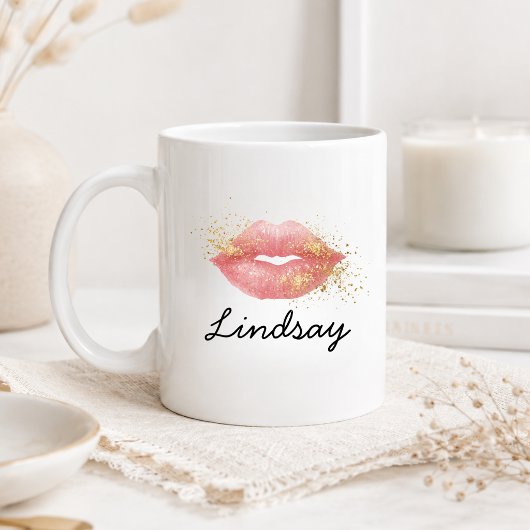 Personalisierte rosa Lippen Glitter Kaffeetasse
