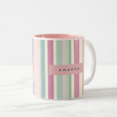 Personalisierte Rosa Minze Pastellstreifen Zweifarbige Tasse (VorderseiteRechts)