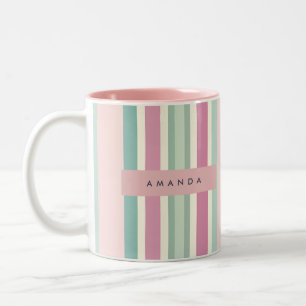 Personalisierte Rosa Minze Pastellstreifen Zweifarbige Tasse