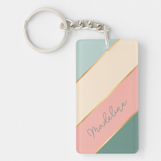 Personalisierte Rosa Minzgrün Elfenbeinstreifen Schlüsselanhänger (Vorderseite)