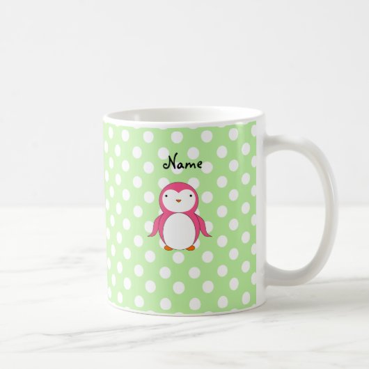 Personalisierte rosa Penguingrün-Polkanamenspunkte Kaffeetasse (Rechts)