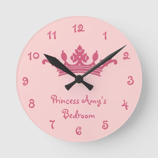 Personalisierte Rosa Prinzessin Girl's Bedroom Runde Wanduhr (Vorderseite)