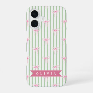 Personalisierte Rosa Schleife Grüne Streifen Coque iPhone 16 Hülle