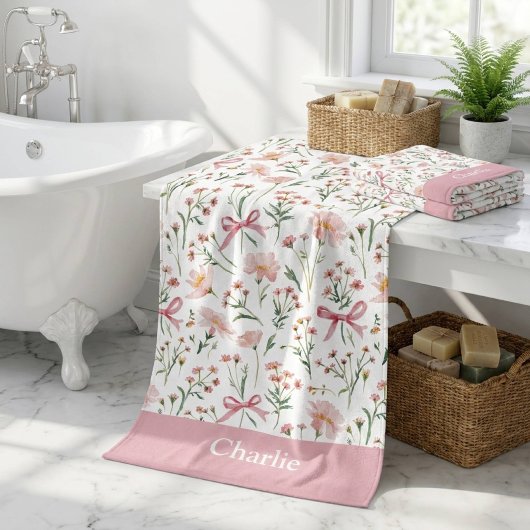 Personalisierte rosa Schleifen und Blumen Badehandtuch