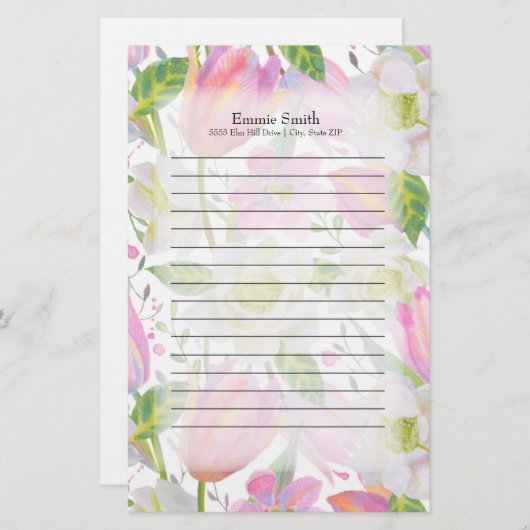 Personalisierte rosa Tulips und grüne Blätter Briefpapier (Vorne/Hinten)