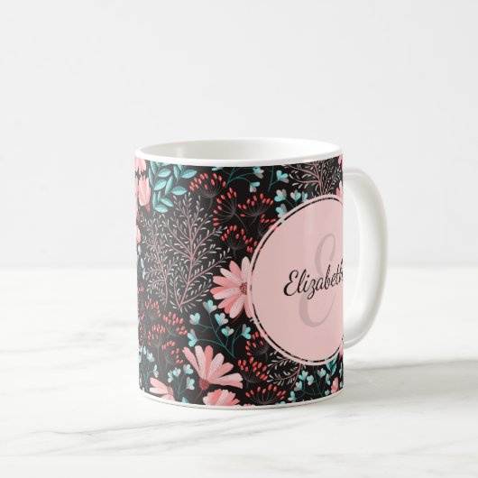 Personalisierte Rosa und Aquamarine dunkle Blüte Kaffeetasse (VorderseiteRechts)