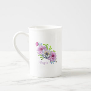 Personalisierte rosa und blaue Blumen Porzellantasse