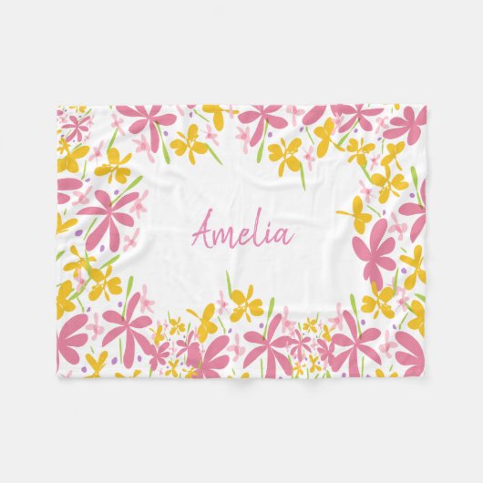 Personalisierte rosa und gelbe Wildblume Fleecedecke (Vorderseite (Horizontal))