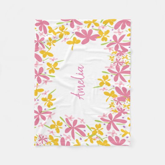 Personalisierte rosa und gelbe Wildblume Fleecedecke (Vorderseite)
