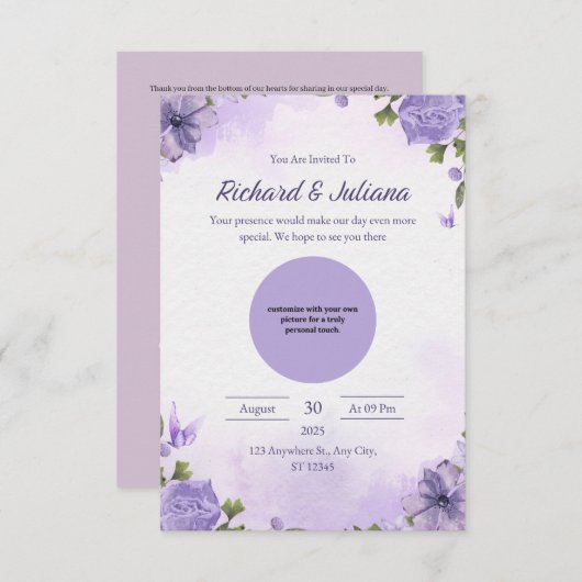 Personalisierte Rosa- und Lila Foto-Hochzeit Einladung (Vorne/Hinten)