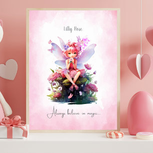 Personalisierte rosa und mauve Feen-Nursery-Wandku Poster