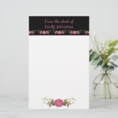 Personalisierte Rosa und Schwarze Flora Briefpapier (Stehend Vorderseite)