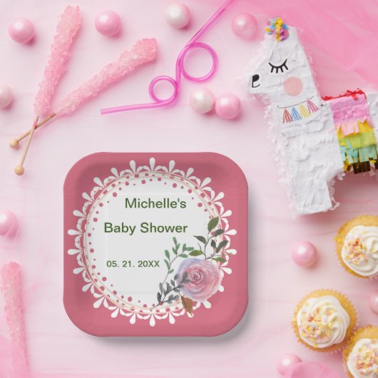 Personalisierte Rosa und Weiß Florals Pappteller (Party)