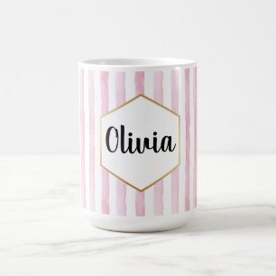 Personalisierte rosa und weiße Streifen Kaffeetasse