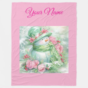 Personalisierte rosa Vintage-Weihnachts-Schneemann Fleecedecke