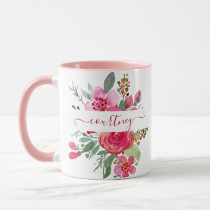 Personalisierte rosa Wasserfarbe floral Tasse