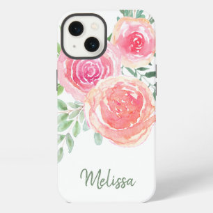Personalisierte rosa Wasserfarben-Blumen iPhone 13 Hülle