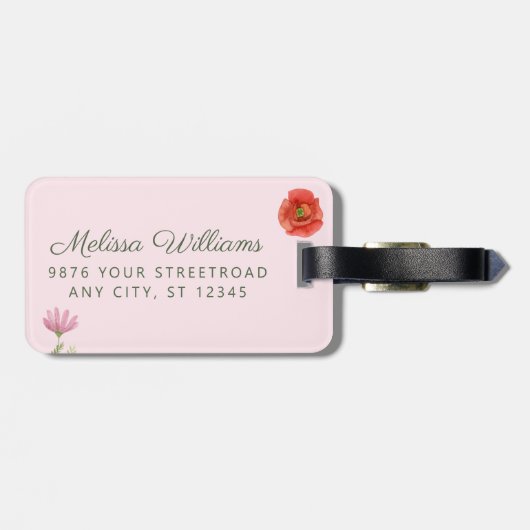 Personalisierte rosa Wildblume Gepäckanhänger (Rückseite horizontal)