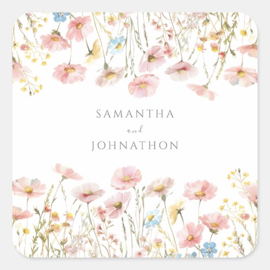 Personalisierte Rosa Wildblume Wasserfarbenhochzei Quadratischer Aufkleber (Vorderseite)