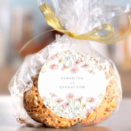 Personalisierte Rosa Wildblume Wasserfarbenhochzei Runder Aufkleber