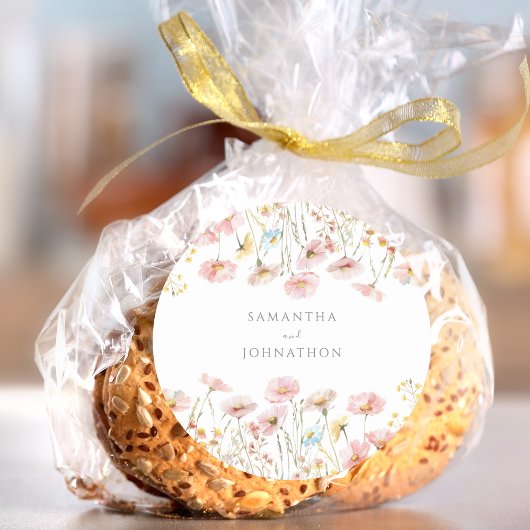 Personalisierte Rosa Wildblume Wasserfarbenhochzei Runder Aufkleber