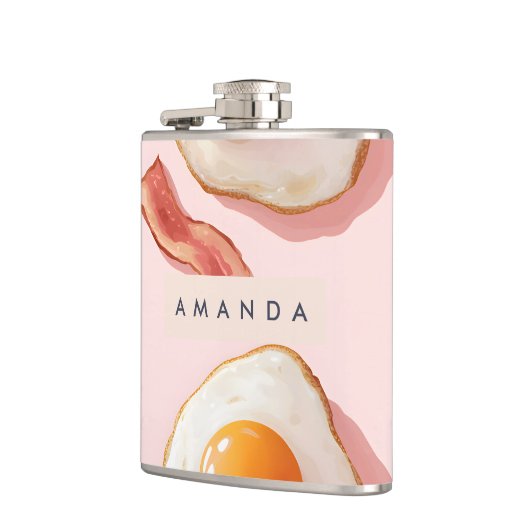 Personalisierte, rosafarbene Eier und Bacon-Muster Flachmann (Links)