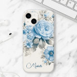 Personalisierte Rose Case-Mate iPhone 14 Hülle<br><div class="desc">Passen Sie dieses schöne Design mit Ihrem Namen oder Monogramm an. Die blauen Rose,  die Wildblumen und die Hydrangea-Blüten mit hellpastellfarbenem Salbei auf Aubergschalen-Hintergrund.</div>