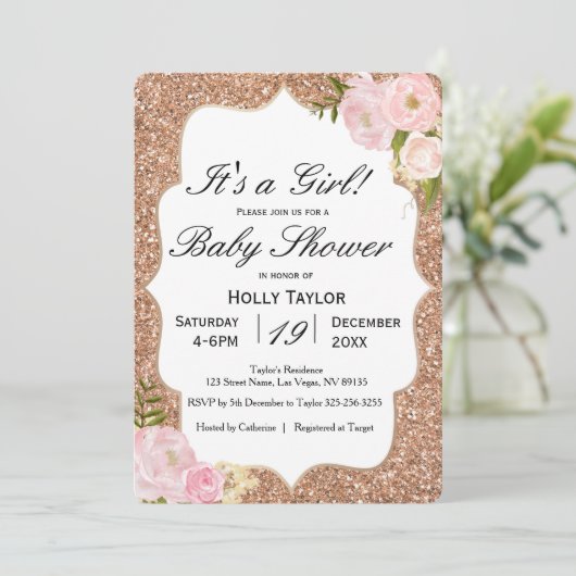 Personalisierte Rose Gold Baby Dusche Einladung (Stehend Vorderseite)