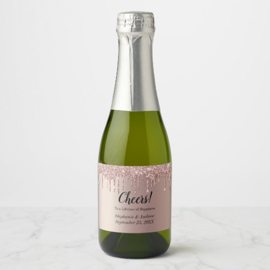Personalisierte Rose Gold Dripping Glitzer Hochzei Schaumweinetikett (Vorderseite)