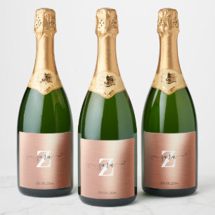 Personalisierte Rose Gold Foil Monogram Script Fla Schaumweinetikett