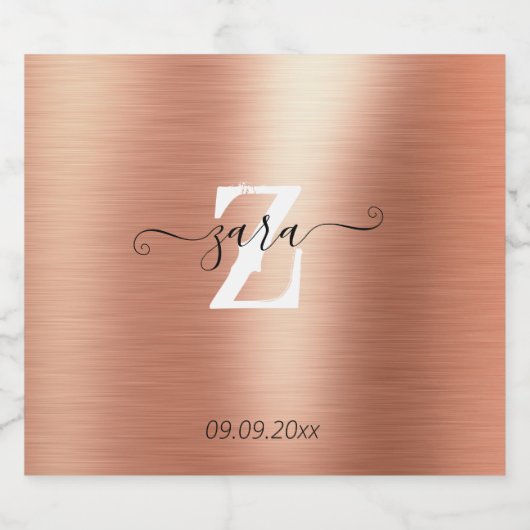 Personalisierte Rose Gold Foil Monogram Script Fla Schaumweinetikett (Einzelnes Label)
