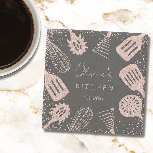 Personalisierte Rose Gold Glitzer Kochwerkzeuge Steinuntersetzer