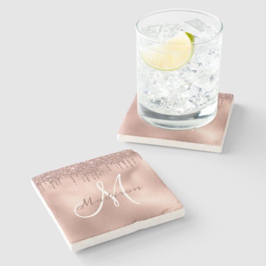 Personalisierte Rose Gold Glitzer Monogram Custom Steinuntersetzer (Seitenansicht)