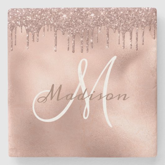 Personalisierte Rose Gold Glitzer Monogram Custom Steinuntersetzer (Vorderseite)