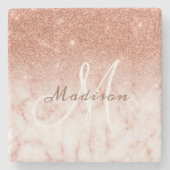 Personalisierte Rose Gold Glitzer Monogramm-Marmor Steinuntersetzer (Vorderseite)