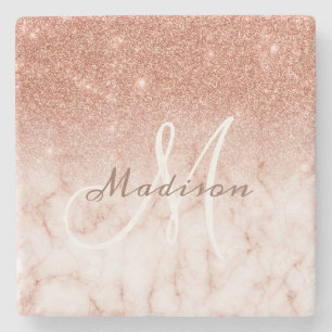 Personalisierte Rose Gold Glitzer Monogramm-Marmor Steinuntersetzer