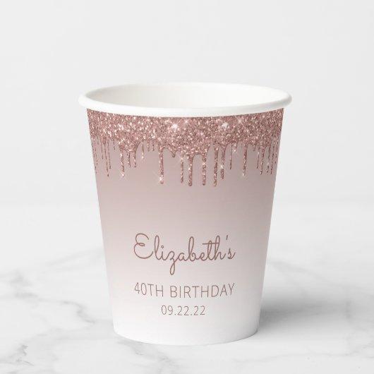 Personalisierte Rose Gold Glitzer Tropfen 40. Gebu Pappbecher (Vorderseite)