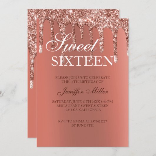 Personalisierte Rose Gold Glitzer Tropfen Girly Lu Einladung (Vorne/Hinten)