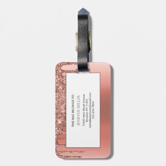 Personalisierte Rose Gold Glitzer Tropfen Girly Lu Gepäckanhänger (Rückseite vertikal)