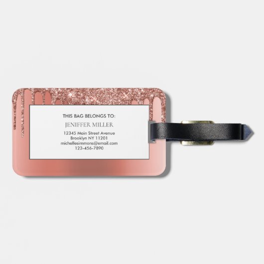 Personalisierte Rose Gold Glitzer Tropfen Girly Lu Gepäckanhänger (Rückseite horizontal)