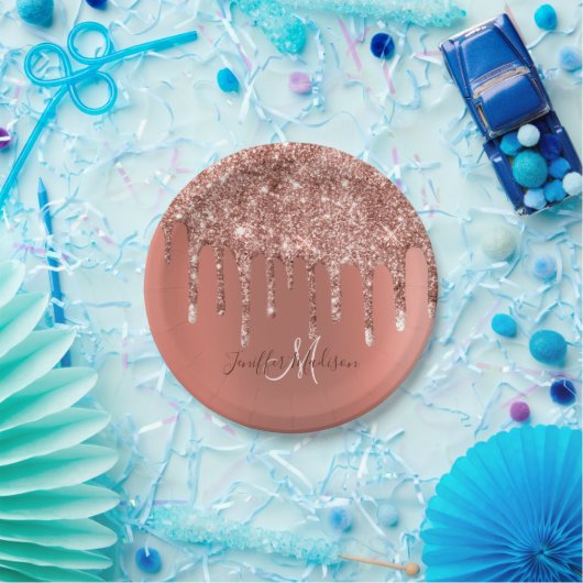 Personalisierte Rose Gold Glitzer Tropfen Girly Lu Pappteller (Party)