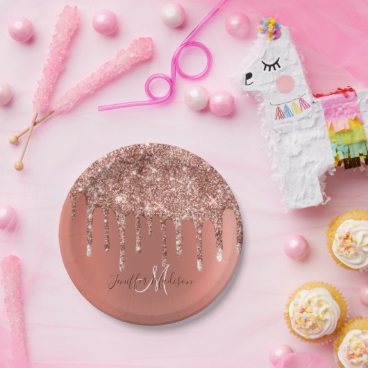 Personalisierte Rose Gold Glitzer Tropfen Girly Lu Pappteller (Party)