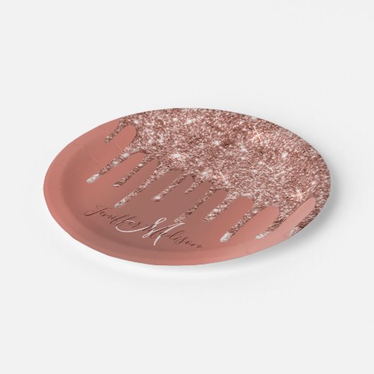 Personalisierte Rose Gold Glitzer Tropfen Girly Lu Pappteller (Schrägansicht)