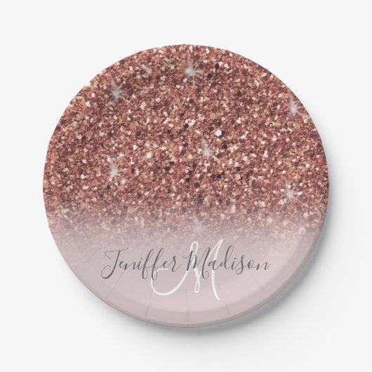Personalisierte Rose Gold Glitzer Tropfen Girly Lu Pappteller (Vorderseite)