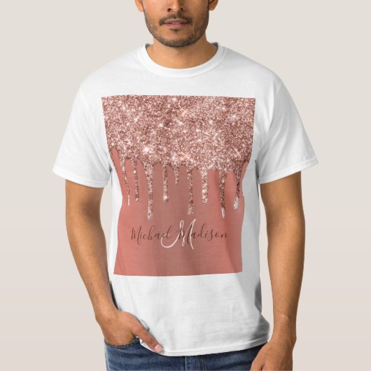 Personalisierte Rose Gold Glitzer Tropfen Girly Lu T-Shirt (Vorderseite)